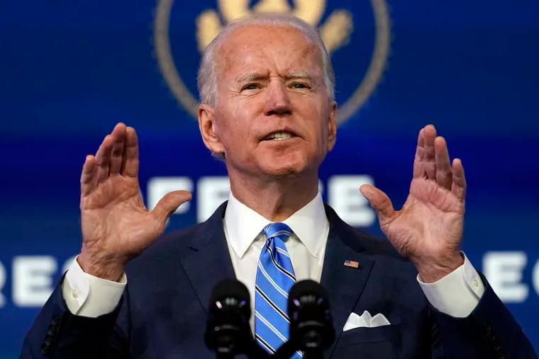 President-elect Joe Biden speaks about the COVID-19 pandemic during an event at The Queen Theater in Wilmington, Del.
