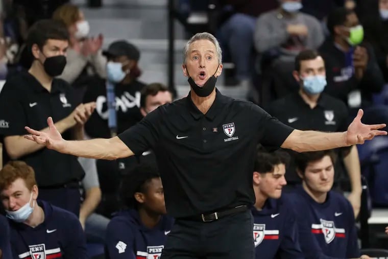 Pennsylvania Quakers head coach Steve Donahue yells instructions to his team in the second half of a game against Harvard at the Palestra in Philadelphia on Saturday, Feb. 12, 2022. Penn won, 82-74.