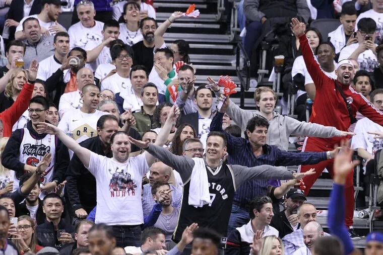 Raptors fans mocked 76ers center Joel Embiid for his flying celebration during Game 3 of the series as he left Game 5 of the teams' Eastern Conference semifinal series.