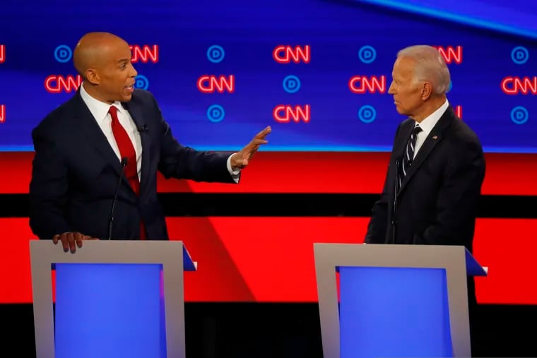 Sen. Cory Booker (D., N.J.) gestures to former Vice President Joe Biden during the second of two Democratic presidential primary debates hosted by CNN Wednesday in the Fox Theatre in Detroit.