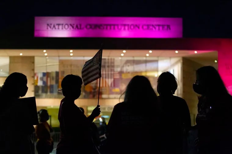Supporters of President-elect Joe Biden gathered outside the National Constitution Center before his town hall meeting there as a candidate.