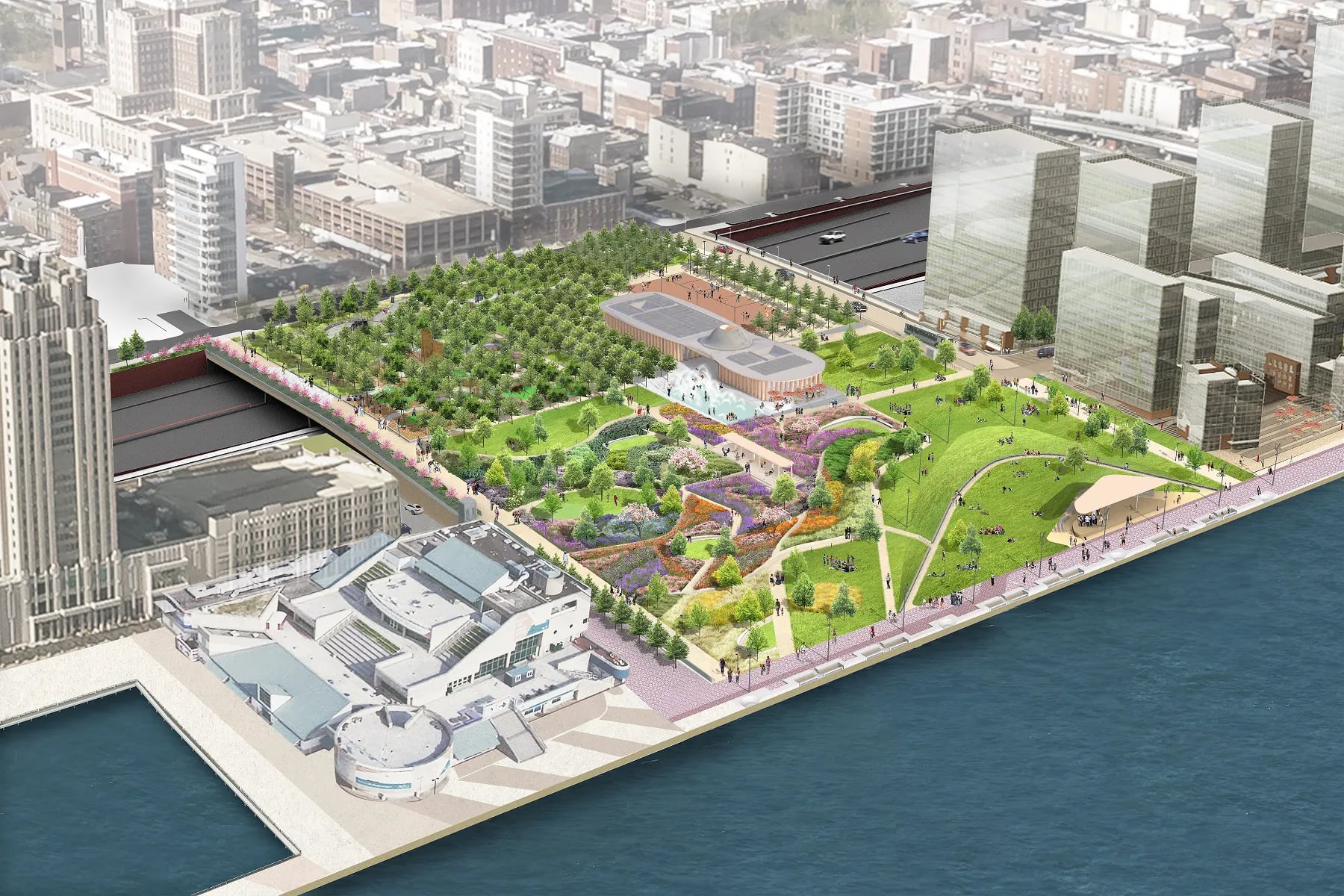 Aerial rendering of a new 11.5 acre park in Philadelphia that will span I-95 and Columbus Boulevard between Chestnut and Walnut Streets, extending from Front Street to the Delaware River.