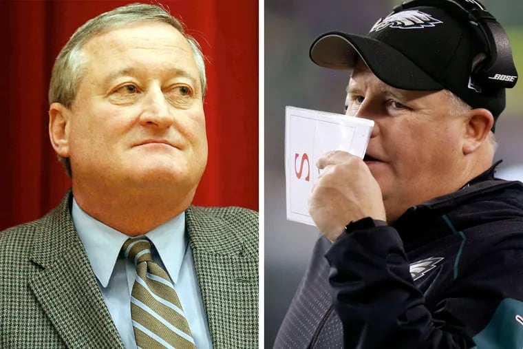 A chance encounter in the grocery store turned new Philadelphia mayor Jim Kenney (left) against former Eagles head coach Chip Kelly.