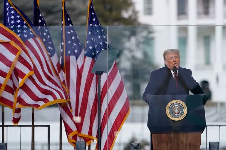 President Donald Trump speaks at a rally Wednesday shortly before insurrectionist supporters of his attempted a coup at the U.S. Capitol on Wednesday.