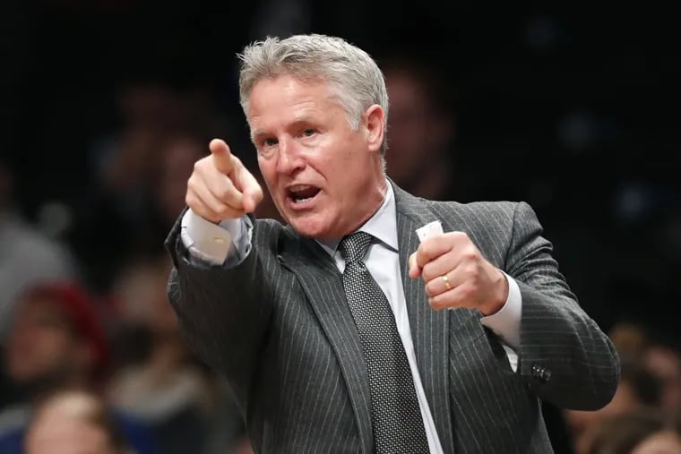 Sixers coach Brett Brown gestures during his team’s victory over the Nets.