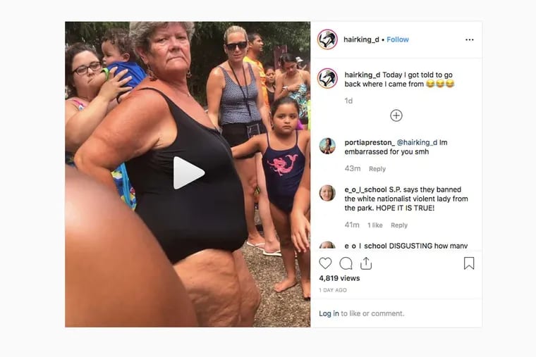 A screenshot from an Instagram post showing a confrontation at Sesame Place in Bucks County.