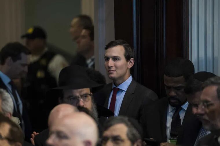 Jared Kushner, the president&#039;s son-in-law, listens as Vice President Pence speaks during an event at the Eisenhower Executive Office Building early this month.