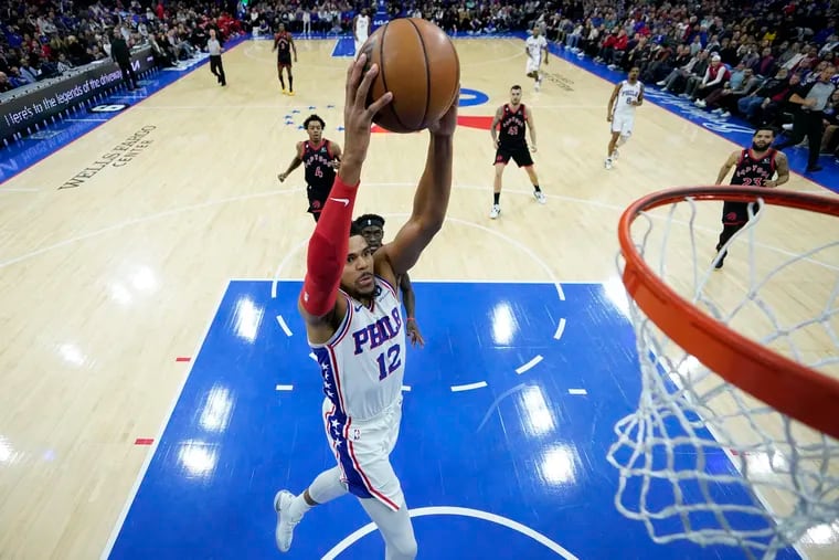 Tobias Harris of the Sixers goes up for a dunk during the first half against the Toronto Raptors.