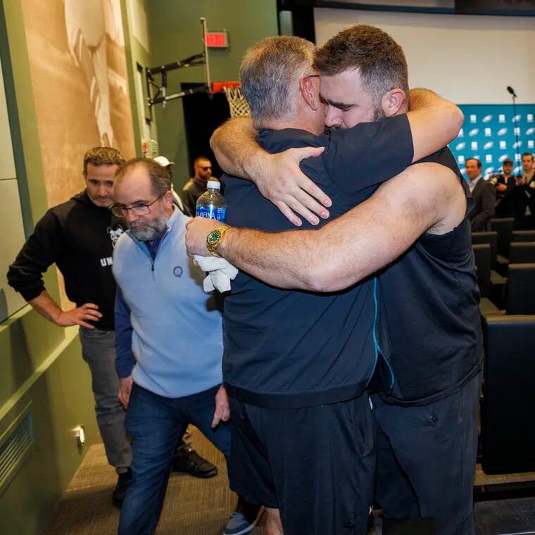 Jason Kelce hugs Eagles offensive line coach Jeff Stoutland after he announces his retirement at the Novacare Complex, in Philadelphia, Pa. on Monday, March 4, 2024.