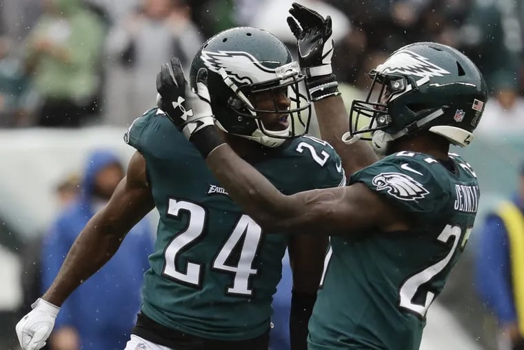 Eagles defensive backs Corey Graham, left, and Malcolm Jenkins will have their stiffest test of the season at New Orleans on Sunday. The Eagles are 8.5-point underdogs,