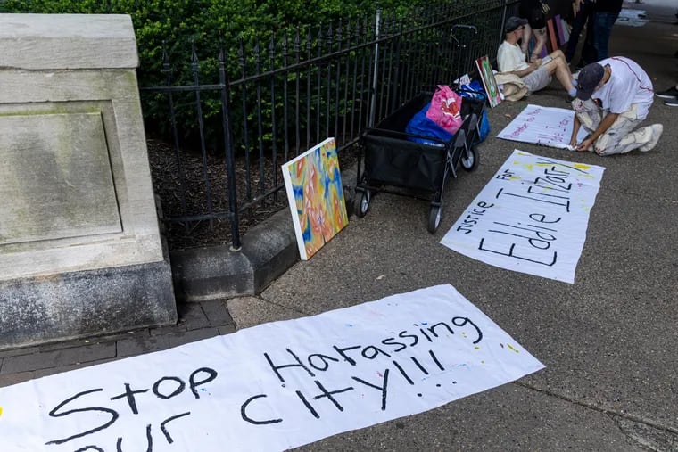Philly artists gather at Rittenhouse Square to display their works of art for a peaceful protest to show support to local artists and those who’ve had their work confiscated, in Philadelphia on Saturday, Aug. 26, 2023.