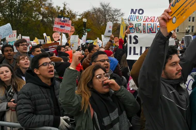 Arlin Karina Tellez (center), a DACA recipient and student at Trinity Washington University, gathers with others in front of the Supreme Court on Nov. 12, 2019, as the justices heard arguments on the Deferred Action for Childhood Arrivals program that could affect nearly 700,000 "Dreamers" brought to the United States as undocumented children.