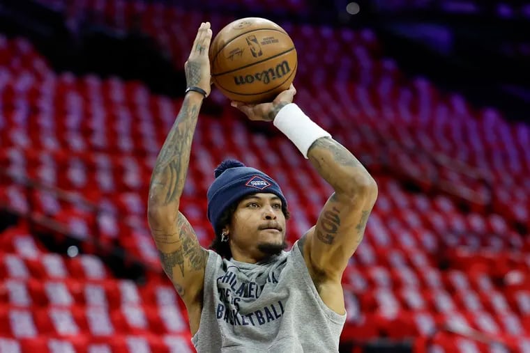 Sixers guard Kelly Oubre Jr., shoots the basketball during warm ups before the Sixers play the New York Knicks in Game 3 of the first round NBA Eastern Conference playoffs on Thursday, April 25, 2024 in Philadelphia.