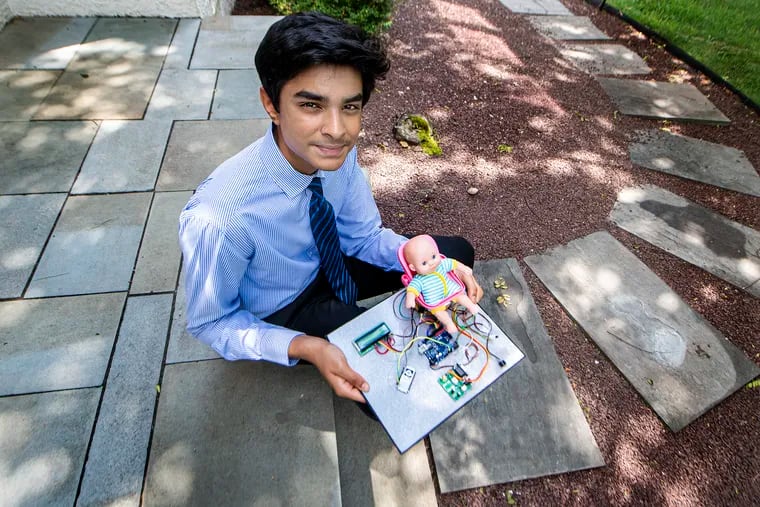 Pranavh Joshua Vallabhaneni  is photographed with his Baby Saver prototype invention at his home in Chadds Ford, Pa.Friday, August 7, 2020. Vallabhaneni, who is entering his sophomore year at Unionville H.S., won first place in his grade category and also the Safety Award for his invention, Baby Saver - Hot Car Alert Device from Invention Convention Worldwide.