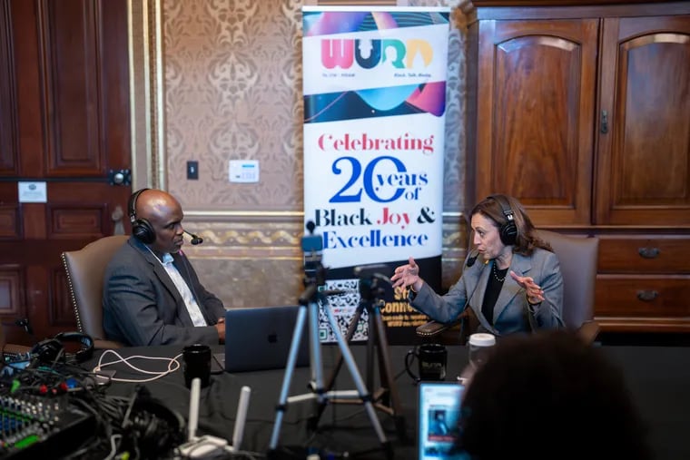 Vice President Kamala Harris participates in a radio interview with WURD Radio host and Inquirer contributing columnist Solomon Jones on Feb. 26, in the Eisenhower Executive Office Building at the White House complex.