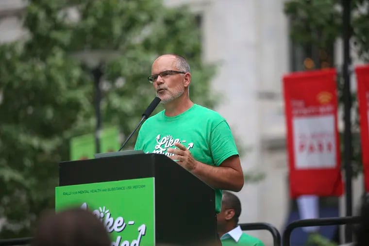 Joe Pyle speaking at the Like-Minded Rally, an event cofunded and cosponsored by the Scattergood Foundation and DBHIDS in 2016.