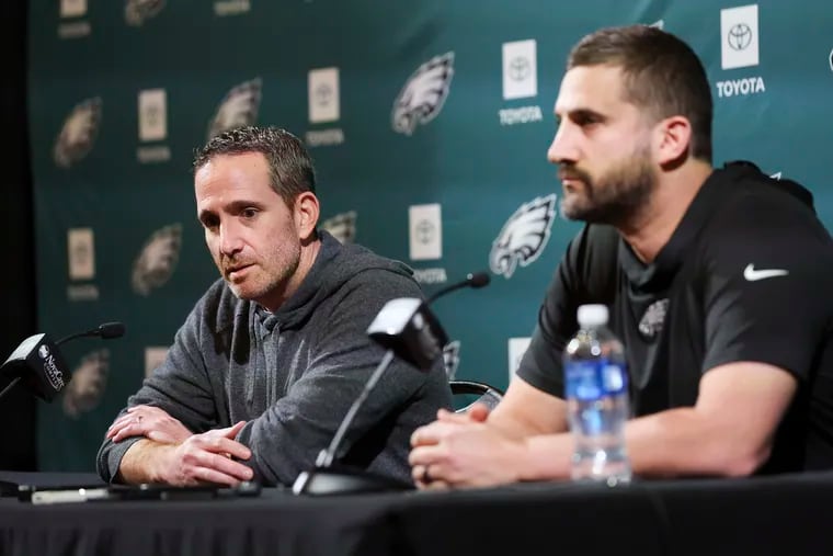 Eagles head coach Nick Sirianni and general manager Howie Roseman take questions during a press conference at the NovaCare Complex.
