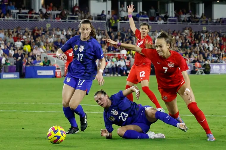 Emily Fox (23) battling for the ball during Thursday's U.S.-Canada game.