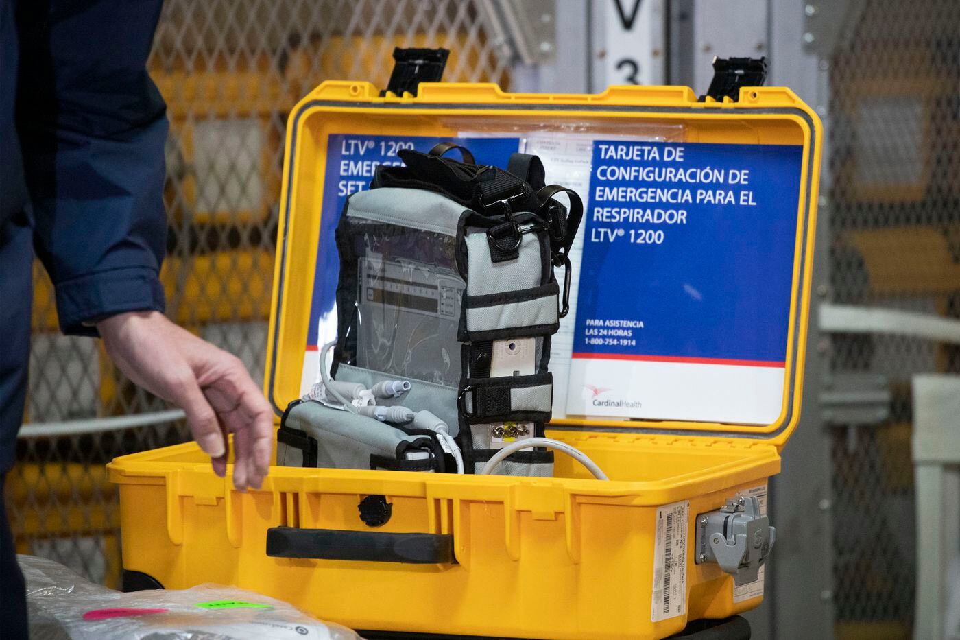 A ventilator is displayed during a news conference, Tuesday, March 24, 2020 at the New York City Emergency Management Warehouse. (AP Photo/Mark Lennihan)