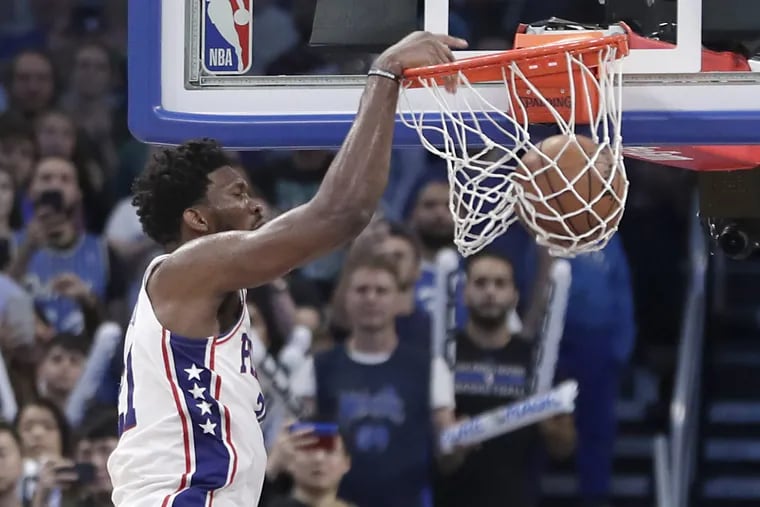 Joel Embiid dunks during the second half of the loss to the Magic.