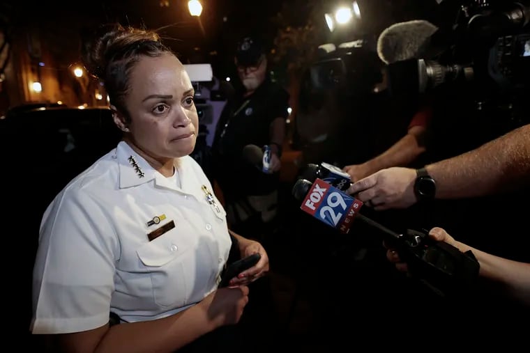 Police Commissioner Danielle Outlaw fights back tears as she briefly speaks about the Third District female police officer who was found unresponsive while on an overtime assignment in South Philadelphia Friday night. The unidentified officer was later pronounced dead at Thomas Jefferson University Hospital.