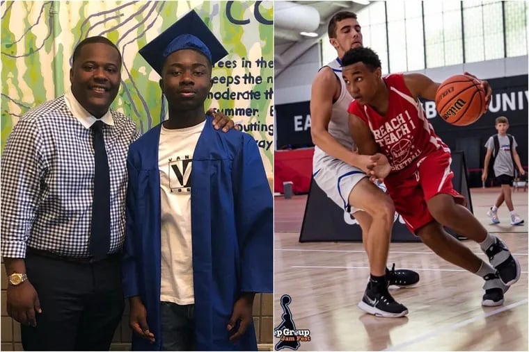 Left: Former Harrity dean Jamir Shaw stands with Tommie Frazier upon his graduation. Right: Kaylin Jahad Johnson plays basketball. Frazier, 18, and Johnson, 16, were fatally shot Wednesday in West Philadelphia.