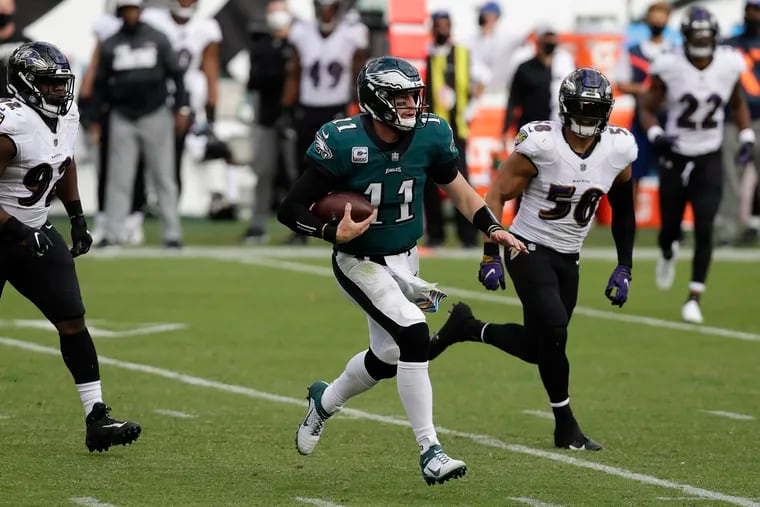 Eagles QB Carson Wentz has been a chain-mover this season. His 15 rushing first downs are the third most in the league among quarterbacks.