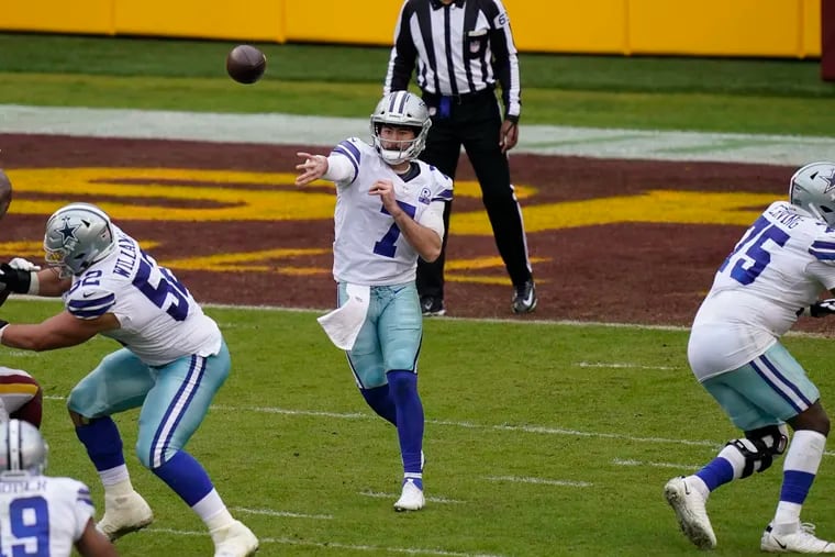 Dallas quarterback Ben DiNucci (7) throws downfield in the second half of the Cowboys' 25-3 loss to Washington last Sunday. DiNucci, the Cowboys' third-string quarterback, will make his first career start this Sunday night against the Eagles.