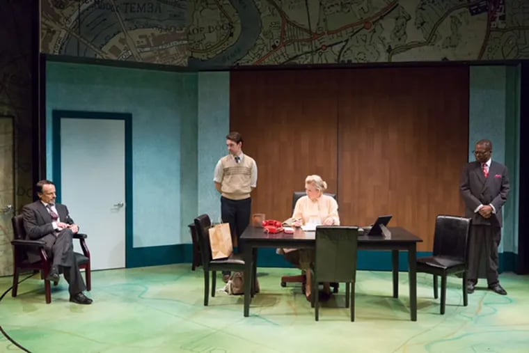 (Left to right:) Christopher Patrick Mullen, Trevor William Fayle, McKenna Kerrigan, and Kirk Wendell Brown in "Hapgood," through Oct. 14 at the Lantern Theater Company.