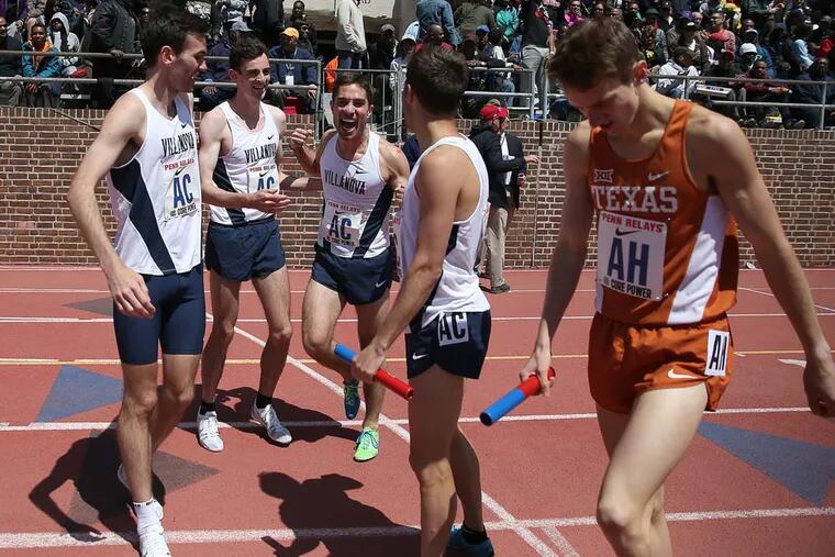 Villanova won the College Mens 4xmile run at the 2015 Penn Relays. Celebrating the win (left to right) are Sam McEntee, Patrick Tiernan, Jordy Williamsz and Rob Denault.