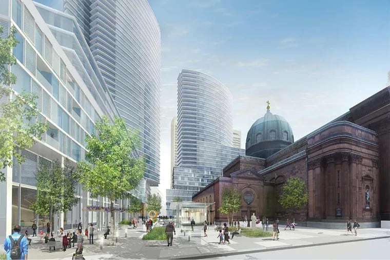 The proposed campus around the Cathedral Basilica of SS. Peter and Paul would include high-rise buildings, gardens, and walkways, as in this rendering.