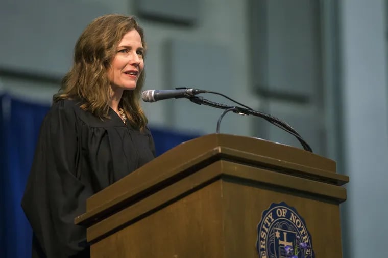 Amy Coney Barrett, United States Court of Appeals for the Seventh Circuit judge, speaks during the University of Notre Dame's Law School commencement ceremony. Barrett was one of four judges thought to be President Trump's top contenders to fill a vacancy on the Supreme Court.