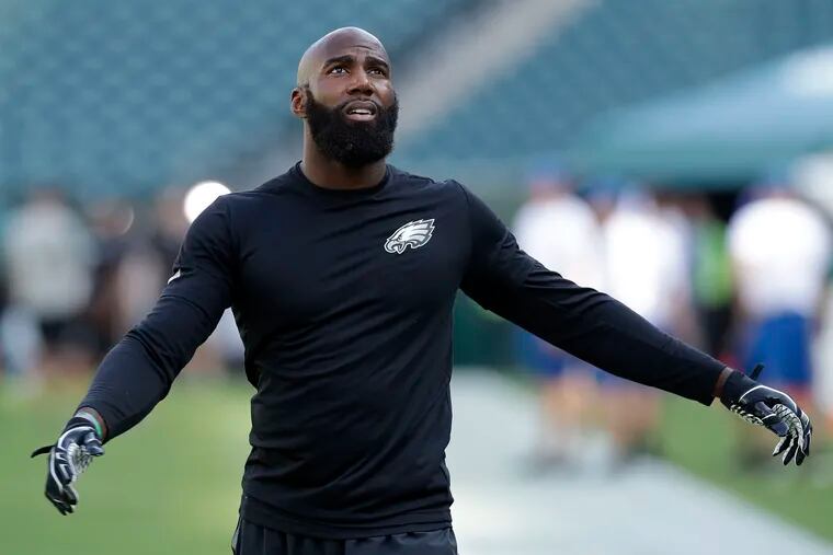 Eagles' Malcolm Jenkins during warm-ups before the Eagles play the Tampa Bay Buccaneers in a preseason game on Thursday, August 11, 2016 in Philadelphia.  YONG KIM / Staff Photographer