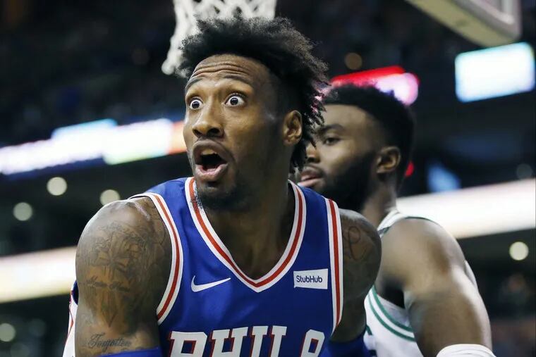 The 76ers' Robert Covington reactiing to a call during the third quarter.