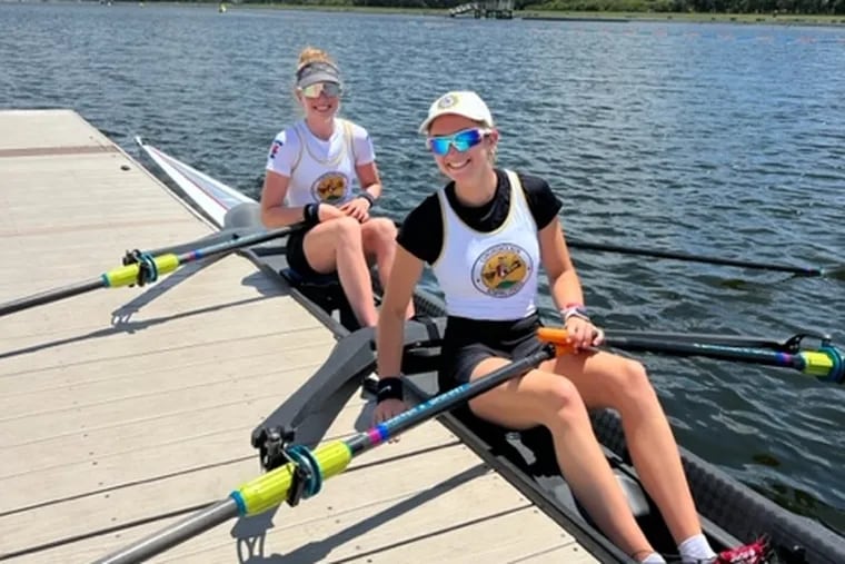 Recent St. Joe's grad Aislinn O'Brien (front) and her partner, Katrina Miehlbradt, on the water. The duo competed for the U.S. at the World Rowing Under-23 Championships in Bulgaria.