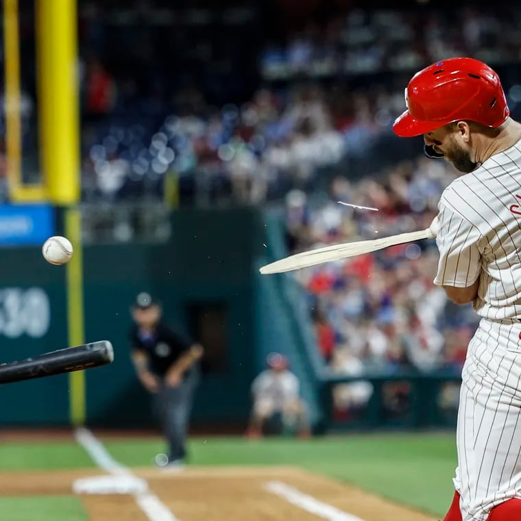 Phillies Kody Clemens broken bat ground out against the Blue Jays during the 8th inning at Citizens Bank Park in Philadelphia, Tuesday, May 7, 2024