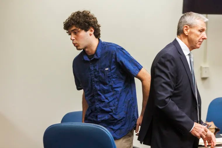 Patrick Iannone, 21, with his attorney John Tumelty. Iannone appeared at a hearing Monday in Cape May County Court House. He is accused of accused of punching Fox 29′s Bob Kelly in the face at a Sea Isle City pub July 30.