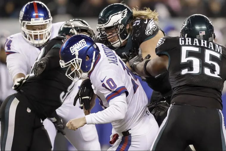 The Philadelphia Eagles have sacked New York Giants quarterback Eli Manning 53 times in his 26 starts against them.