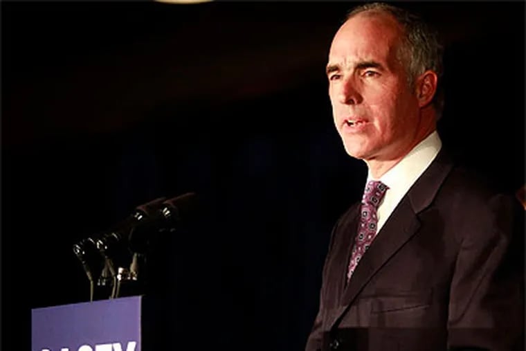 Sen. Bob Casey speaks to his supporters in Scranton after being reelected, defeating Tom Smith. (David Swanson / Staff Photographer)