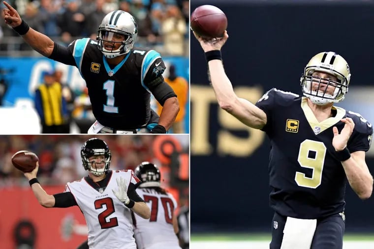 The three possible quarterbacks the Eagles will face in the divisional round.: clockwise from top left, Carolina’s Cam Newton, New Orleans’ Drew Brees, and  Atlanta’s Matt Ryan.
