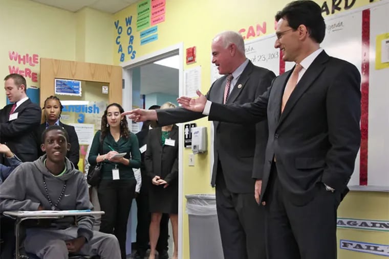 Majority Leader Eric Cantor (right) and U.S. Rep. Patrick Meehan visit Freire Charter. &quot;Within 10 years, education opportunity and school choice will be a reality for every single student in America,&quot; Cantor predicted.