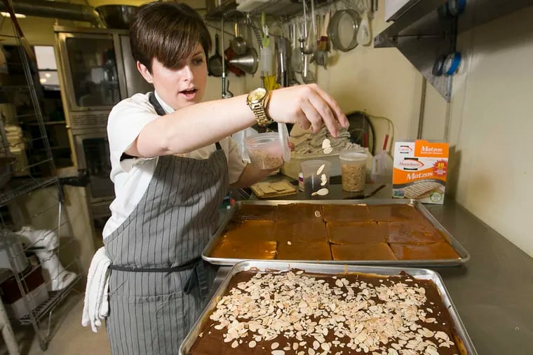 Tova du Plessis, owner of Essen Bakery, will sell chocolate-and-toffee-coated matzo studded with toasted almonds in kits for Passover.