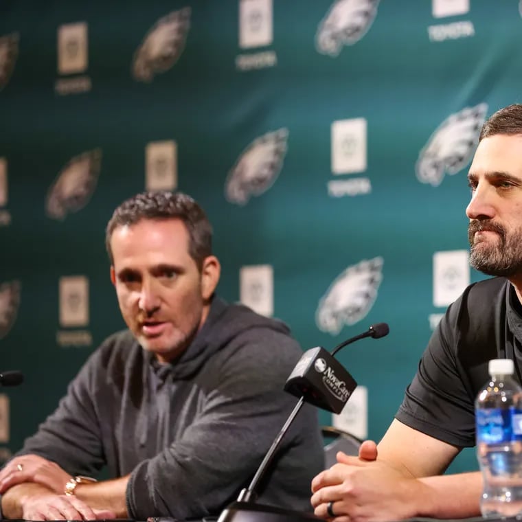 Eagles head coach Nick Sirianni (right) and general manager Howie Roseman, seen here at a press conference last month. Both spoke to reporters Tuesday at the NFL scouting combine.