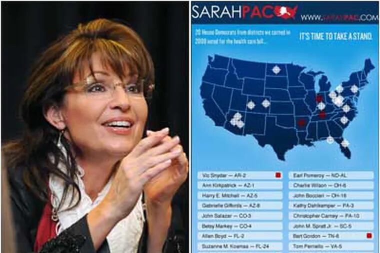 Sarah Palin, left, and graphic from her "Take Back The 20" Facebook page showing map with cross-hairs of a gun scope imposed over 20 Democrats' districts. She said calling any connection with the graphic and Tucson shootings amounted to "blood libel."