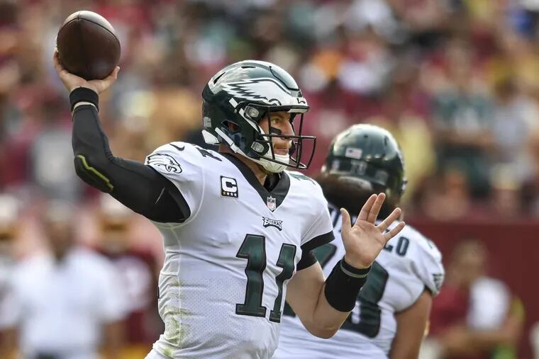 Eagles quarterback Carson Wentz looked to be markedly better in the season opener against the Redskins than he was as a rookie last season.