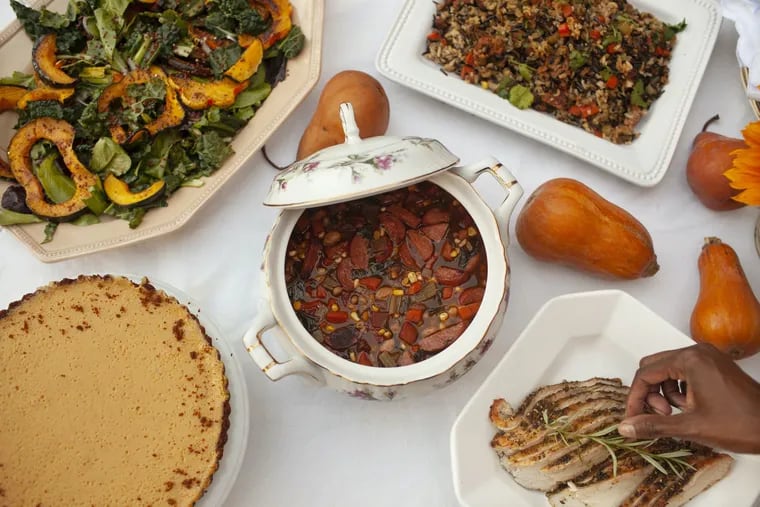 Thanksgiving recipes from top left, Harvest Salad with Squash and Quinoa, Wild Rice Dressing, Sweet Corn and Collards Soup,  Roasted turkey breast, Pumpkin Cheesecake Tart in Gingersnap crust.
