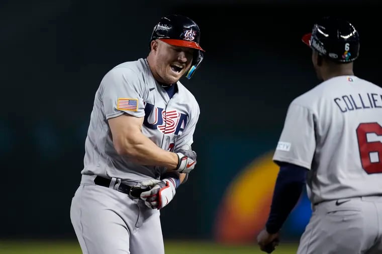 Mike Trout celebrates after hitting a two-run single against Colombia during the fifth inning on Wednesday.