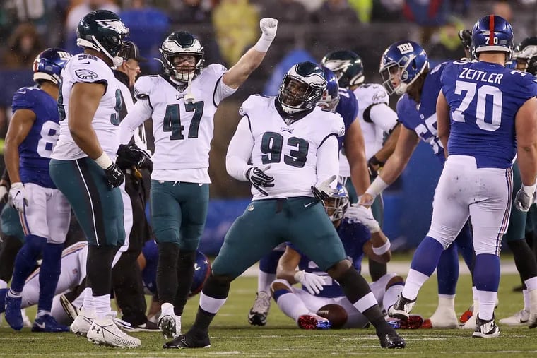 Eagles defensive tackle Tim Jernigan (93) celebrates a third-quarter stop during the Birds' win over the New York Giants.