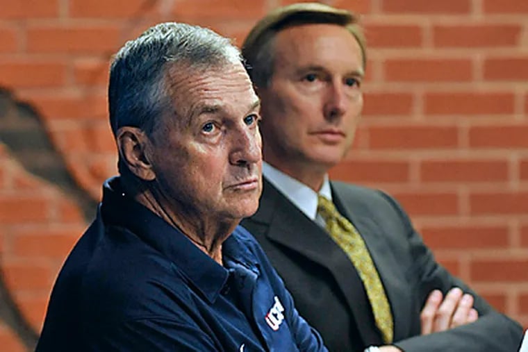 Basketball coach Jim Calhoun, left, sits with Rick Evrard, the University's outside counsel. (AP Photo/Jessica Hill)