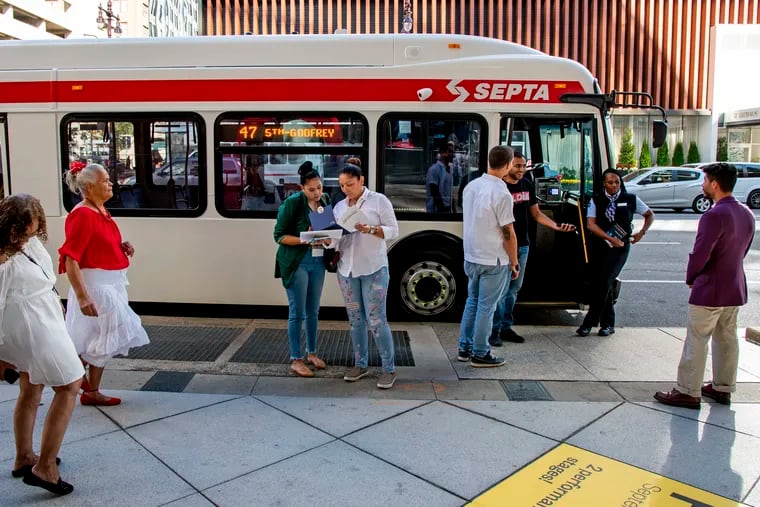 Guests arriving outside the Kimmel Center are greeted by SEPTA driver Chamina Fogan and a SEPTA Route 47 bus before the September premiere of the short film La Guagua 47. Produced by Alba Martinez, the film presents the bus route as a central character in the culture of Philadelphia's Latino community.